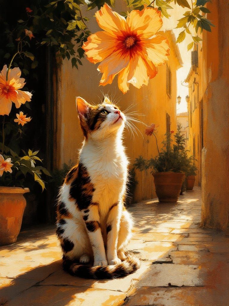 Cat Gazes at Sunlit Flower in Zorn-Inspired Style