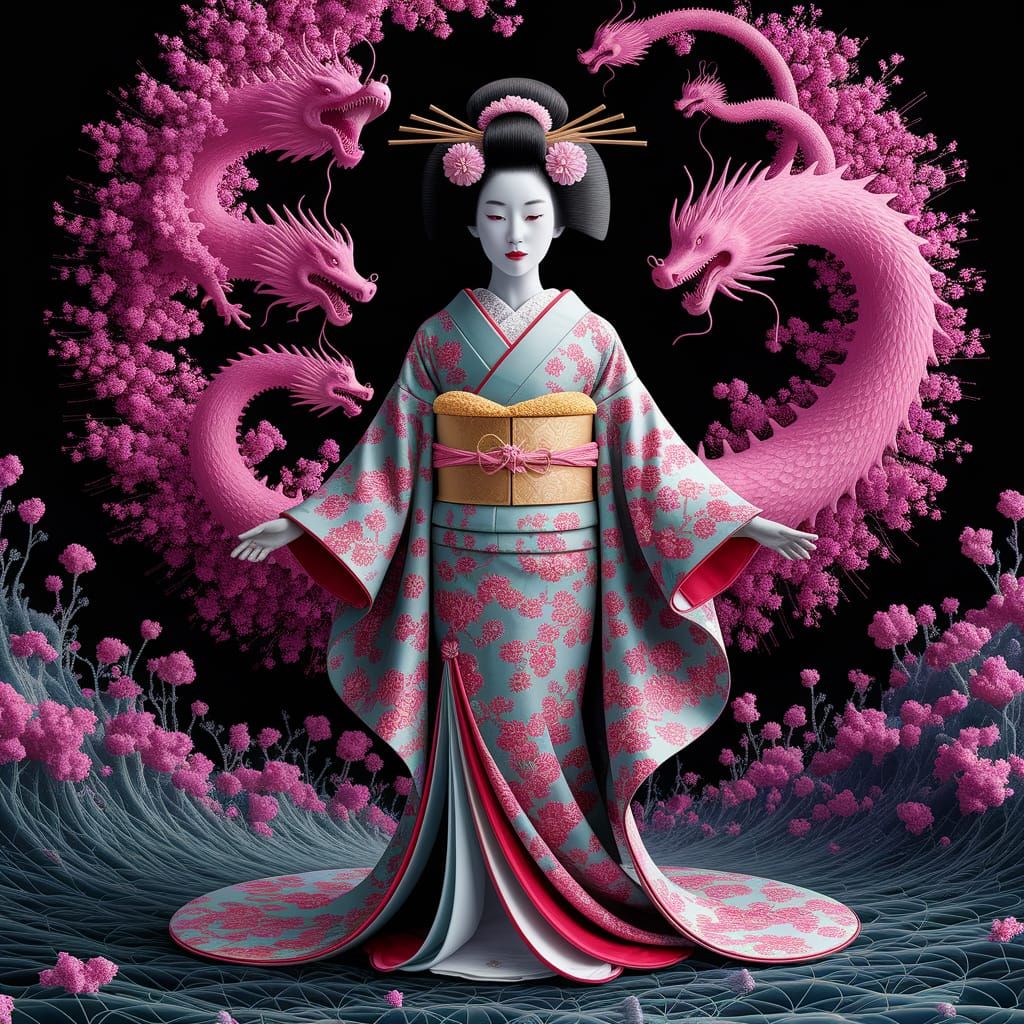 Geisha in Dreamscape with Dragons: Spirograph Art