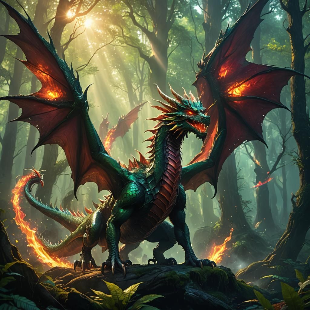 Demon Dragon Breathing Fire in Mystical Forest