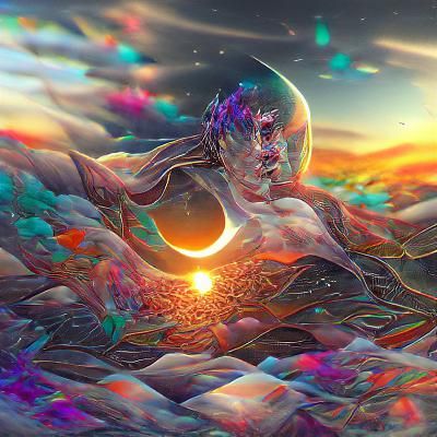 Cosmic Entity Dominates Setting Sun, Holographic Illustratio...
