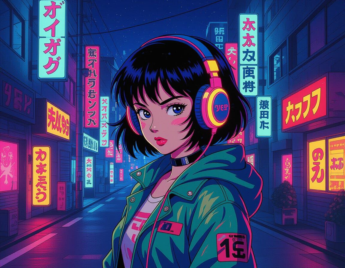 Anime Girl Ninja with Neon Headphones on City Street