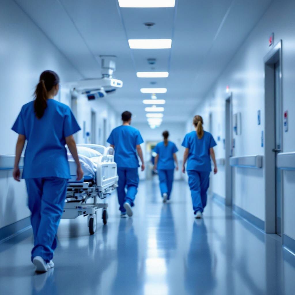 Hospital Corridor Scene in Photojournalistic Style