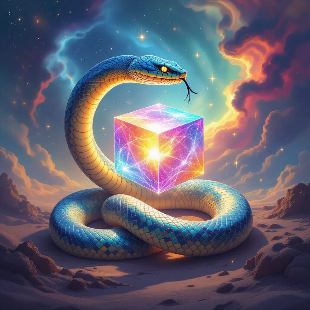 Iridescent Cobra Coiled Around Hypercube in Cosmic Nebula