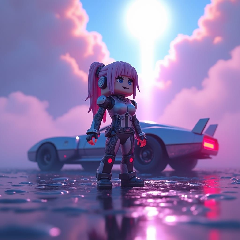 Minecraft Hero in Cyberpunk Cityscape