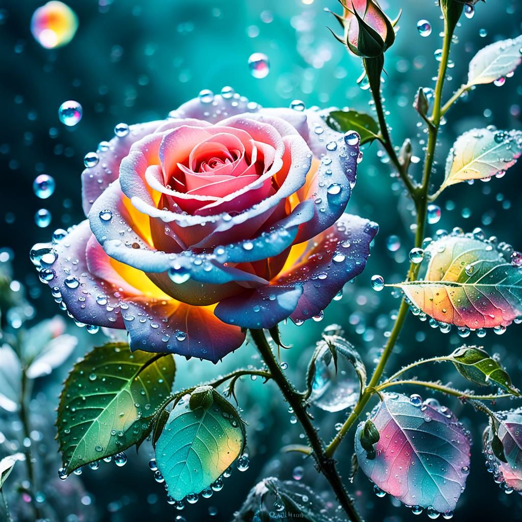 Surreal Macro Rose with Iridescent Dewdrops