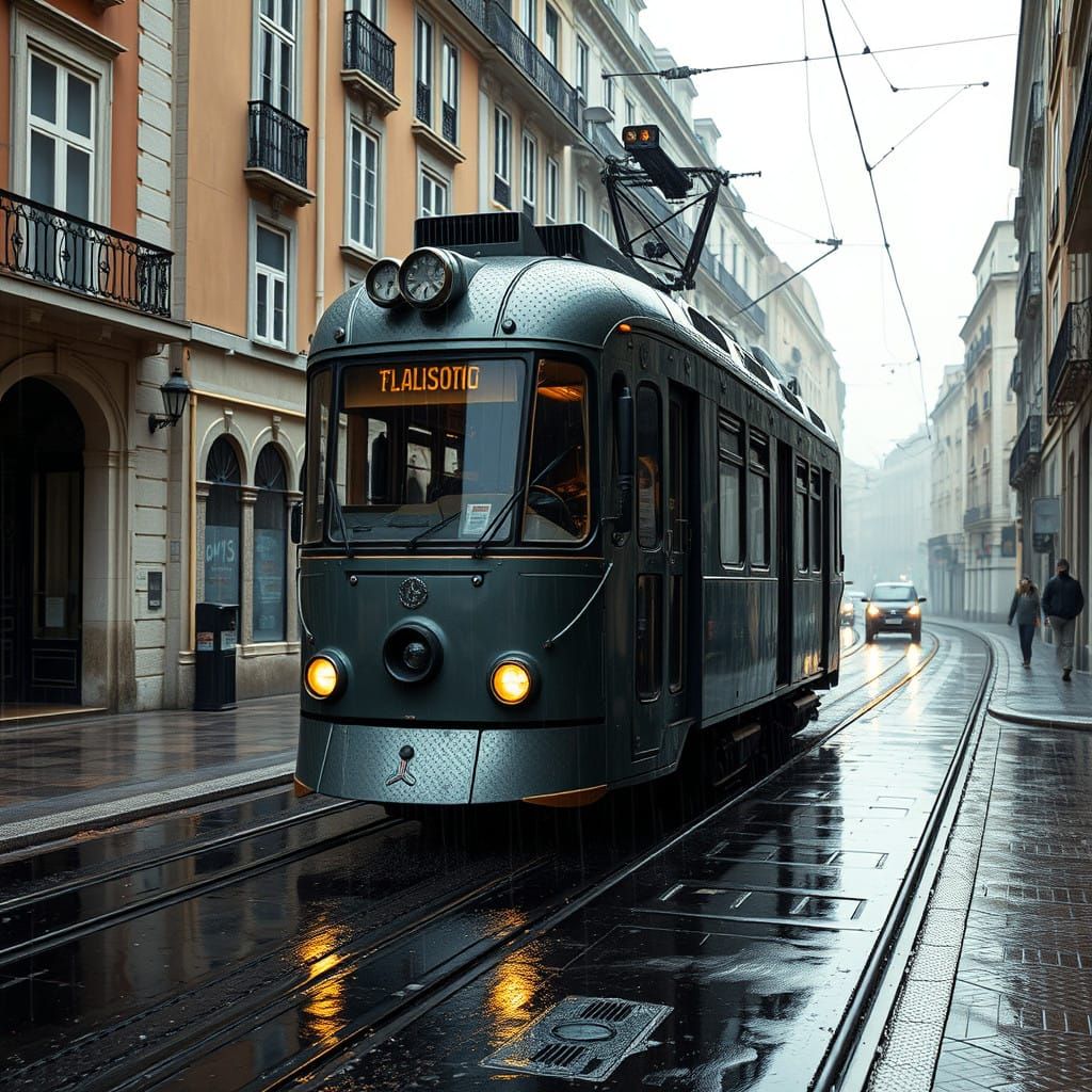 Futuristic Tram in Rainy Lisbon