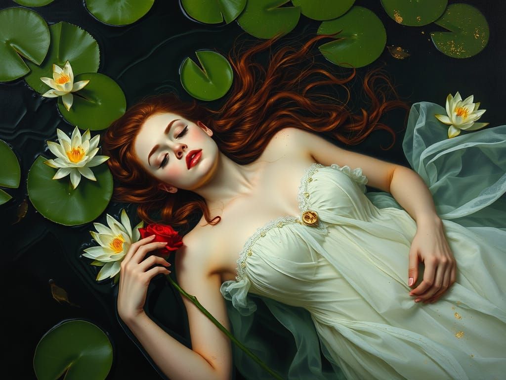 Tragic Ophelia in Serene Waters, Oil on Canvas with Gold Acc...