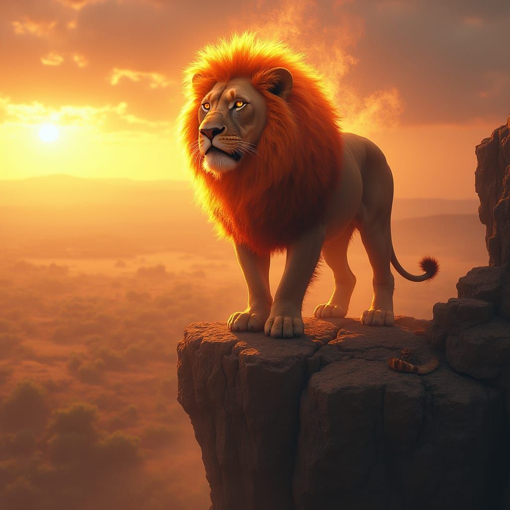 Lion with Blazing Mane Overlooking Savanna, Digital Art