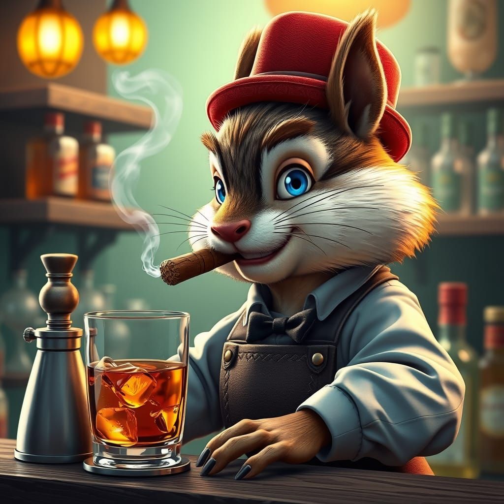 Chipmunk Bartender Brews Whiskey in Cartoon Style