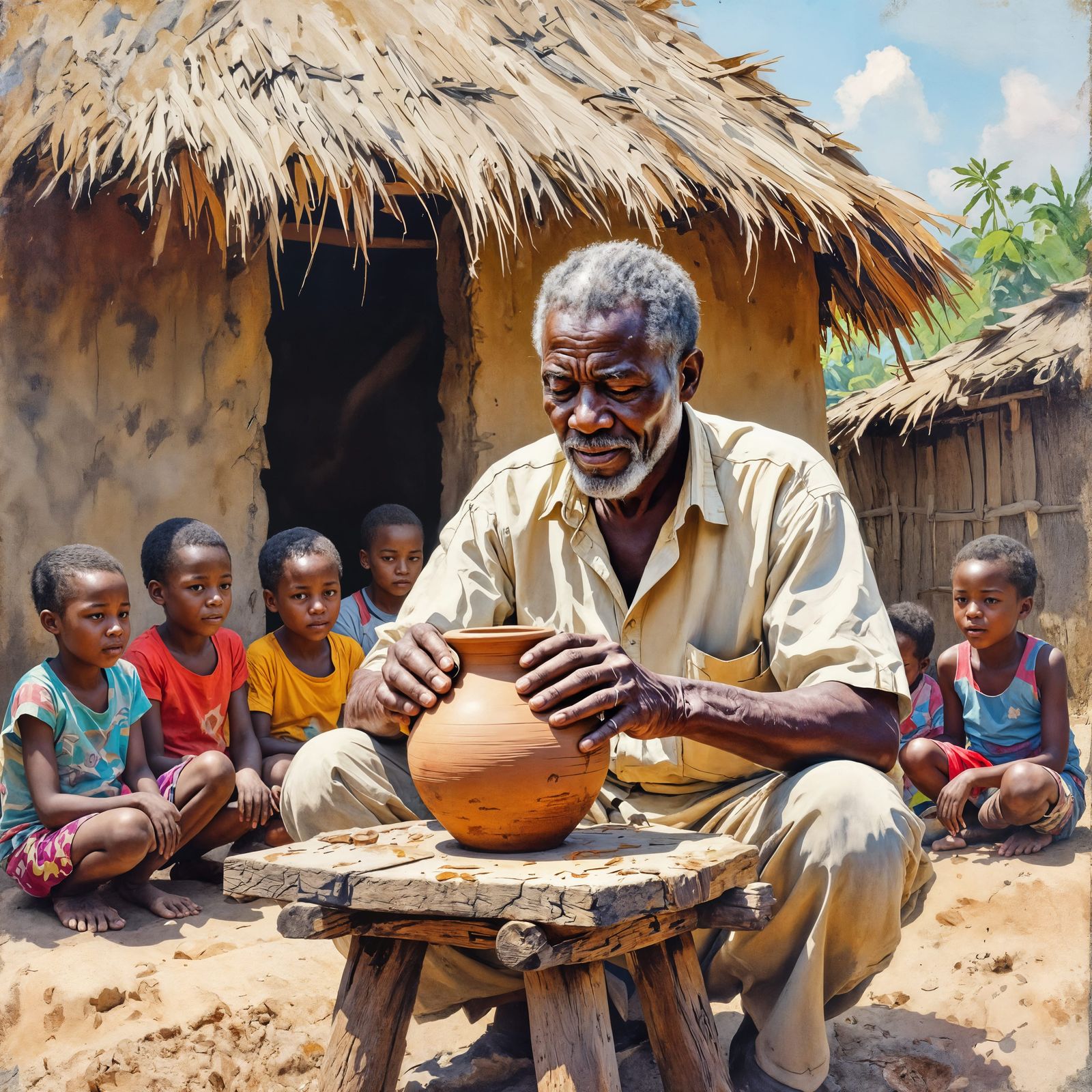 Igbo Elder Molds Pot With Children in Watercolor Oil Style