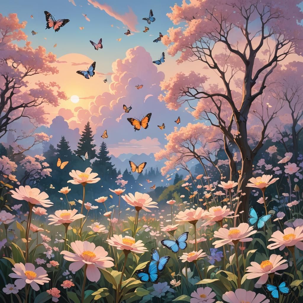 Floating Garden in Pastel Sky: Dreamlike Fantasy Landscape