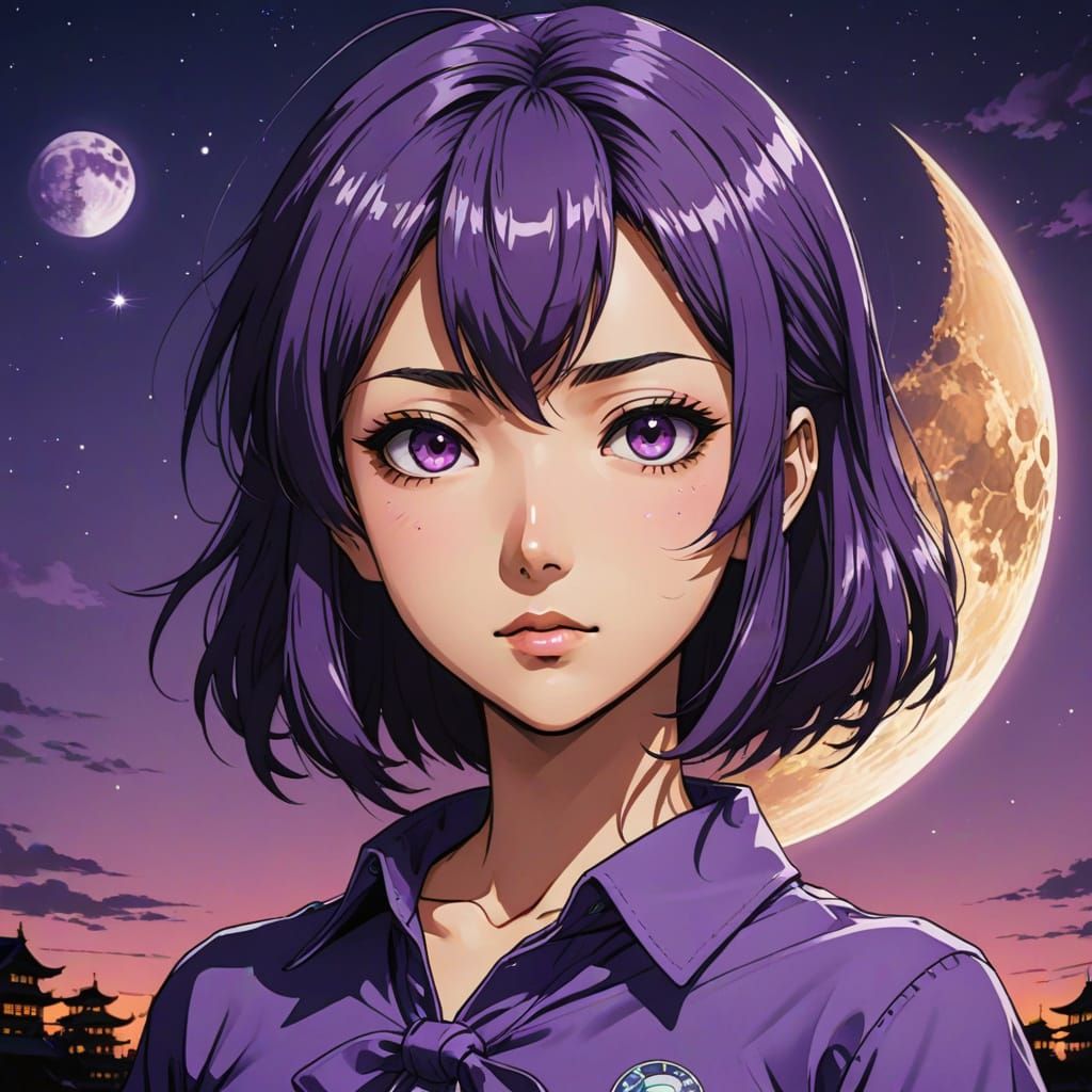 Vibrant Anime Portrait of Japanese College Girl in Deep Purp...