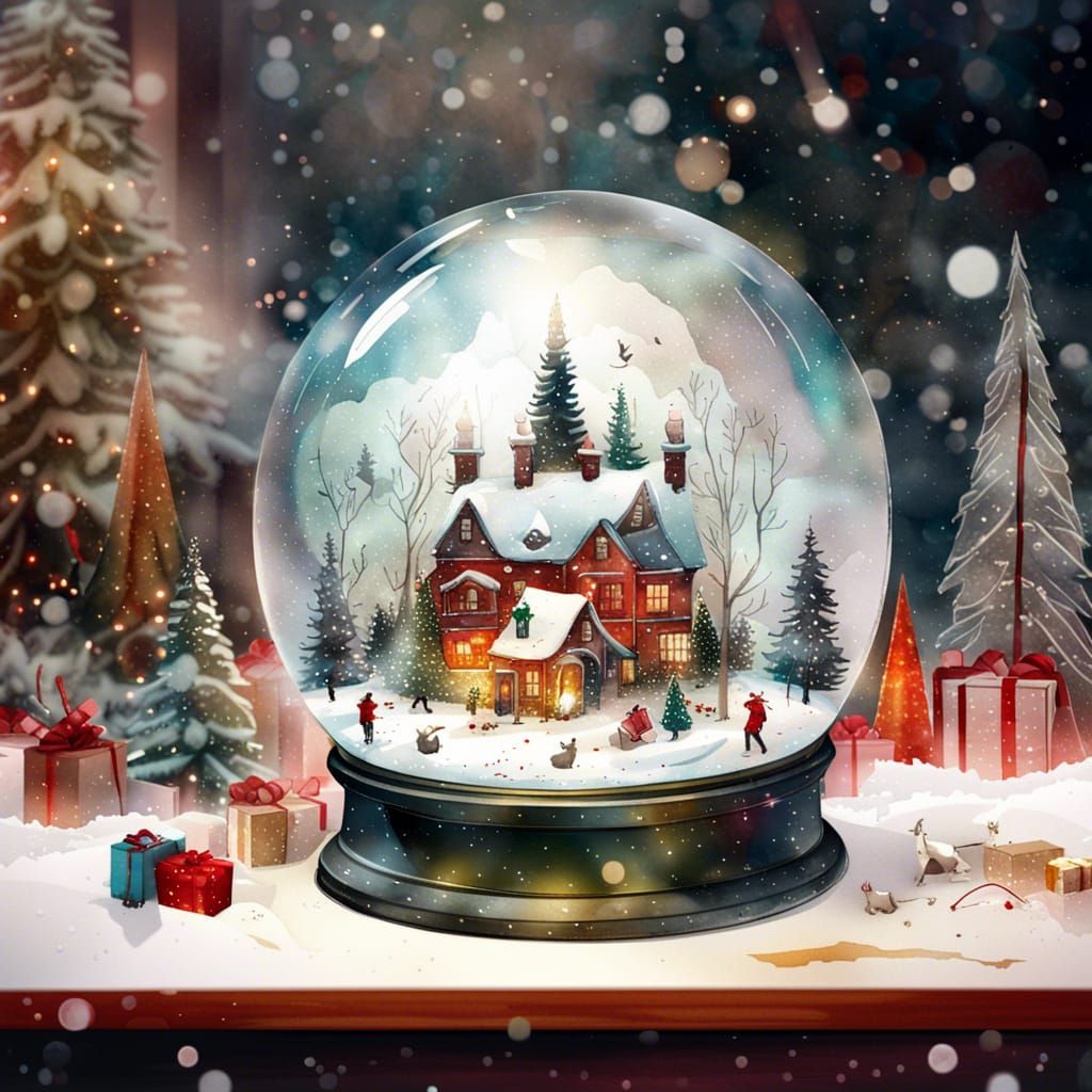 Christmas Snow Globe Watercolor Scene