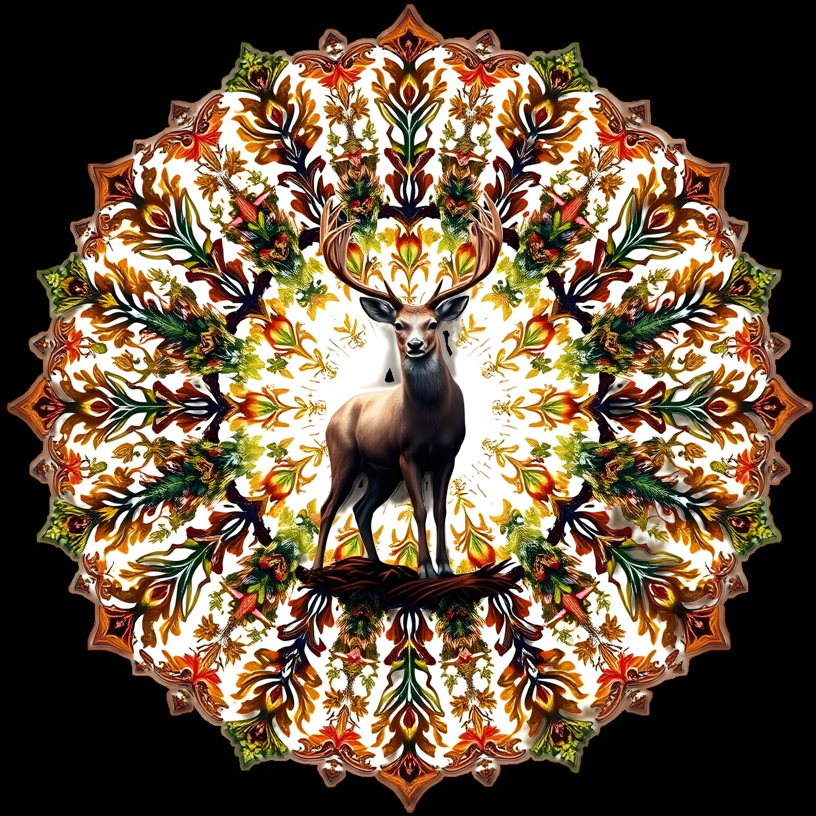 Surreal Nature Mandala with Majestic Deer and Symmetrical Fo...
