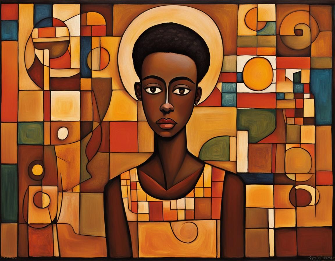 Smiling Girl with Ebony Skin in Abstract Style