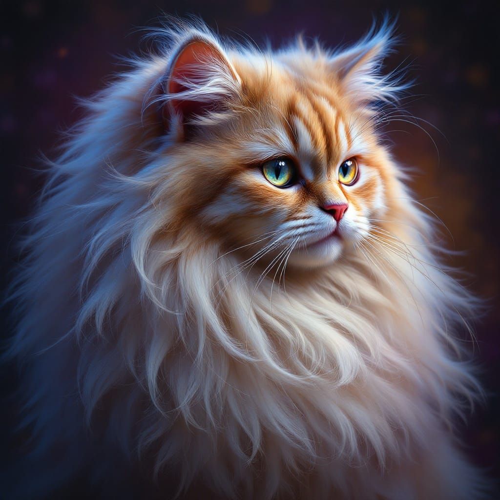 Hyperrealistic Cat with Flowing Hair in Splash Art Style