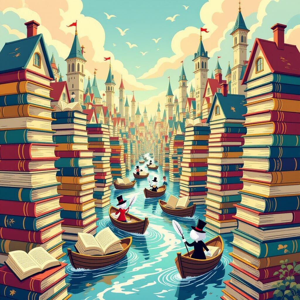 Enchanting Animated Cityscape of Books and Ink Rivers