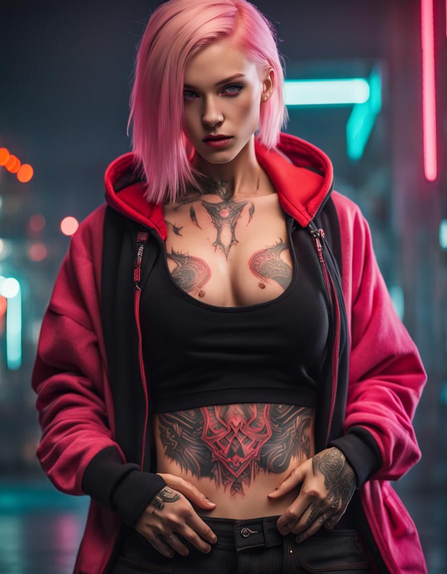Cyberpunk Girl with Tattoos and Neon Lighting