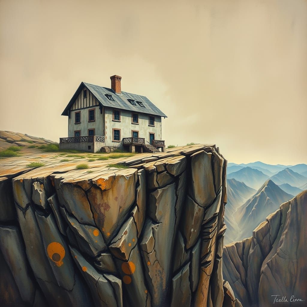 Surreal Cliffside Gouache Painting of a Worn House