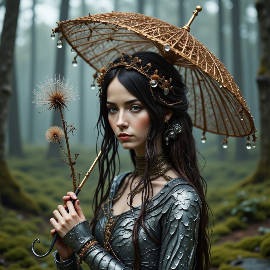 A young woman wears a long, flowing gown crafted from dark-g...