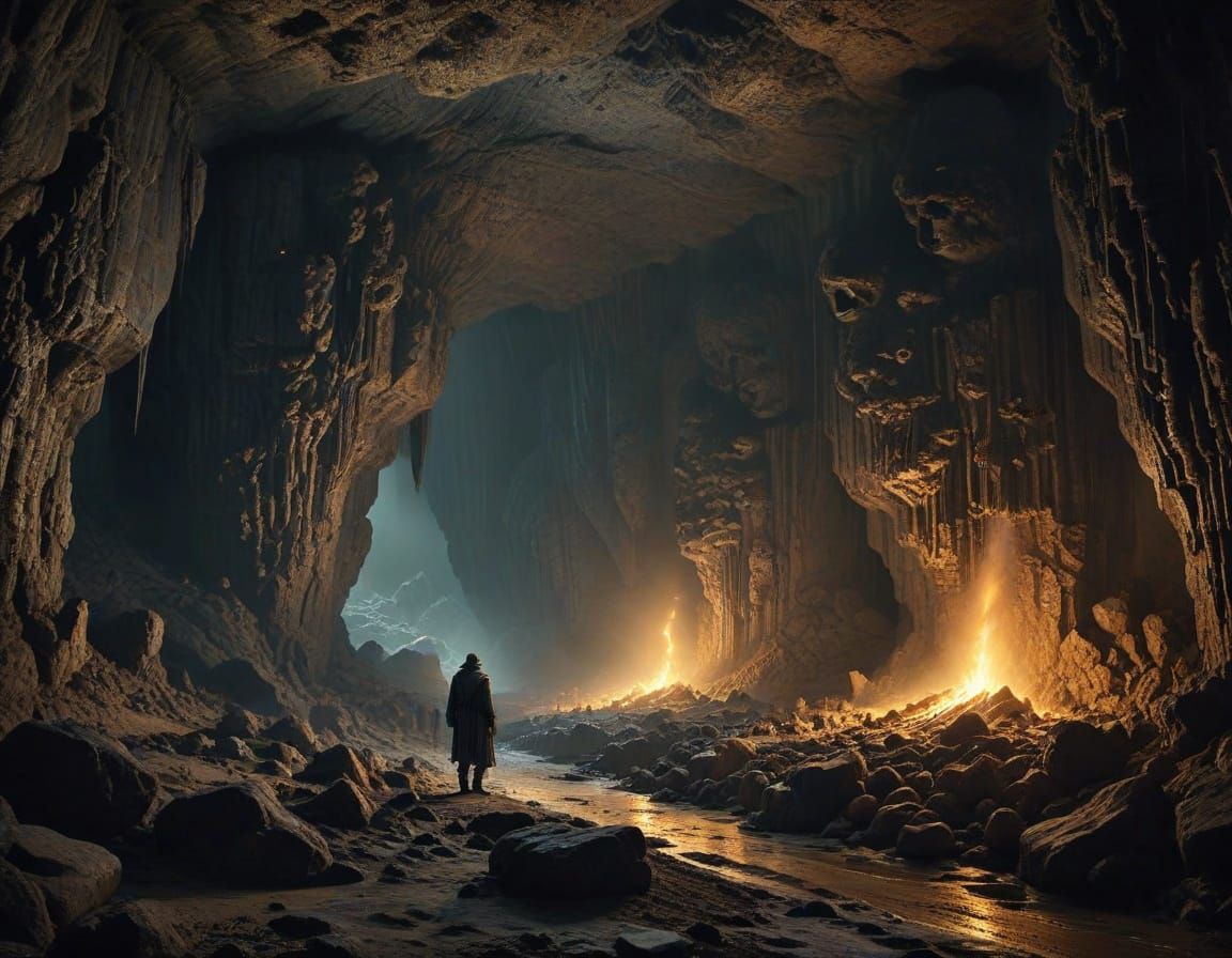 Figure in Shadows at Ancient Cave Entrance