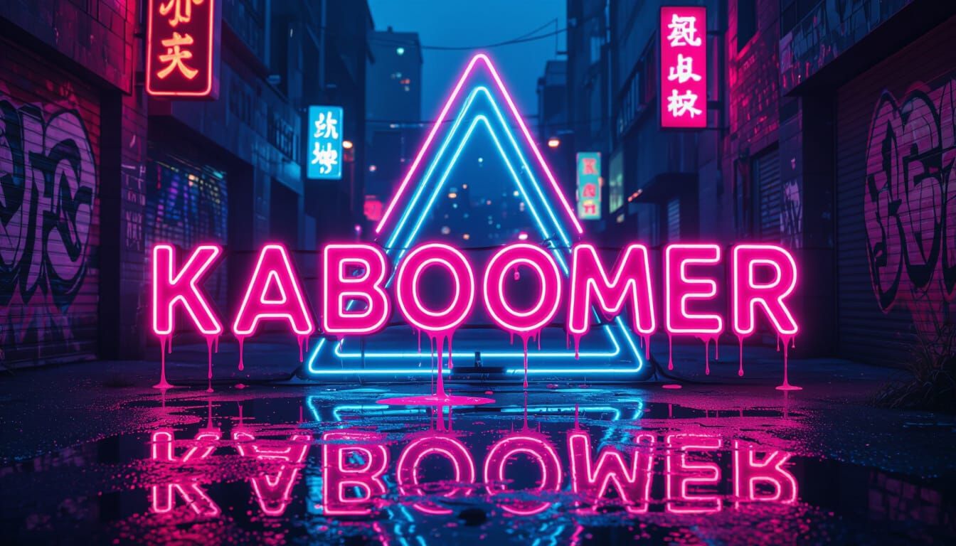 Neon "KABOOMER" in a Synthwave Urban Alleyway