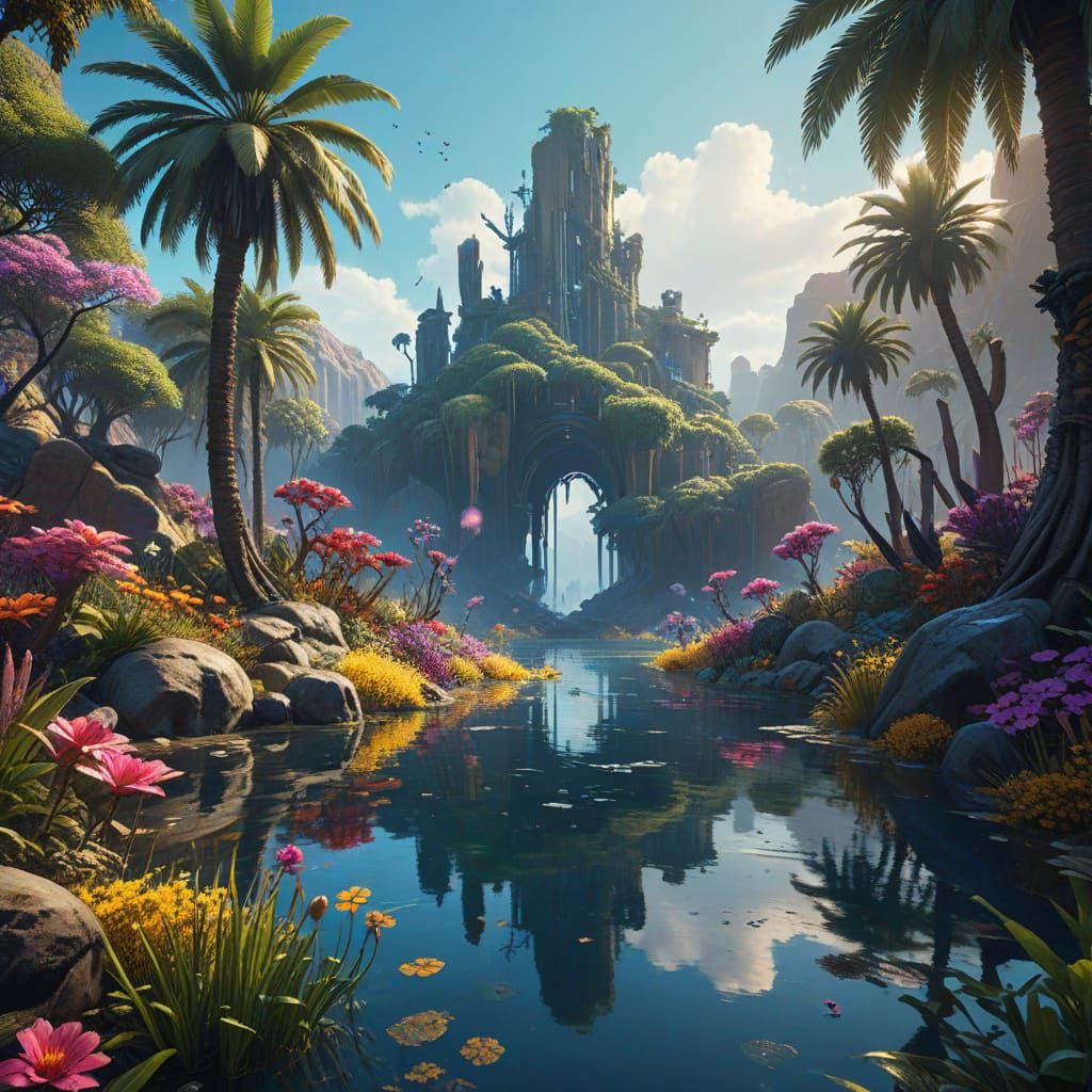 Dreamlike Desert Oasis in Vibrant Hyper-Realism