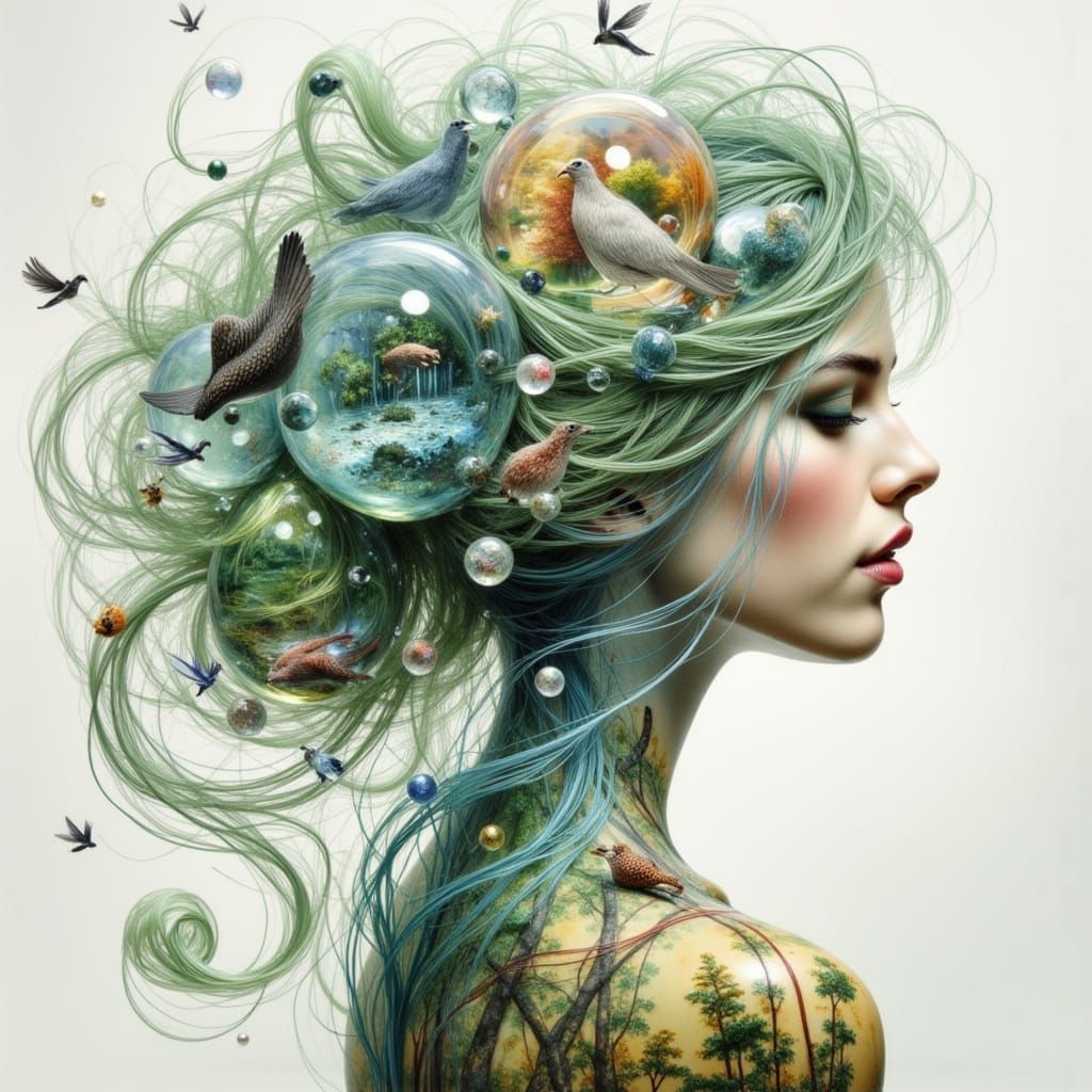 Glass-Haired Woman with Bubble Landscapes and Birds