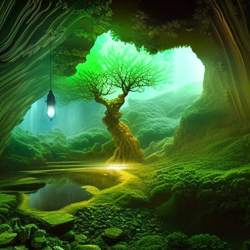 Glowing Tree in Cave: Dramatic Digital Matte Painting