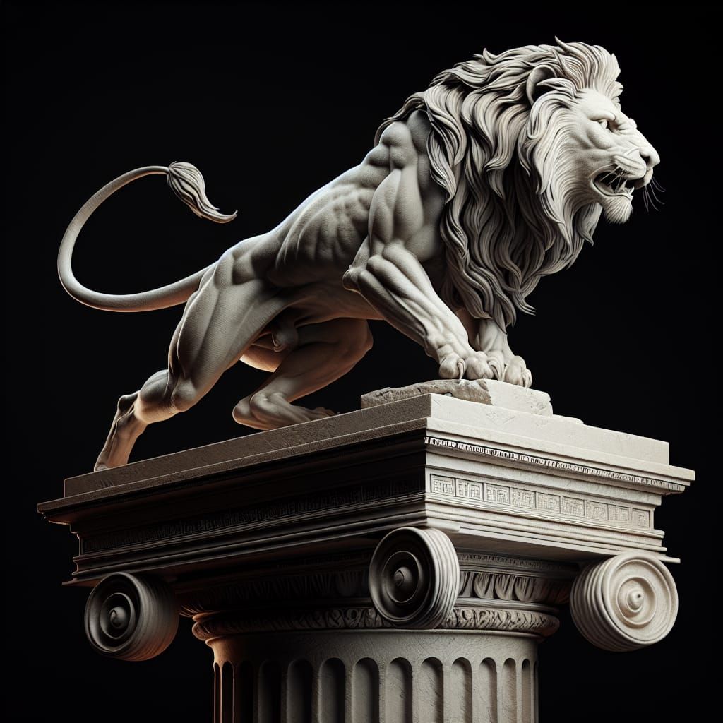 Greek Lion Sculpture in Action, Photorealistic Style
