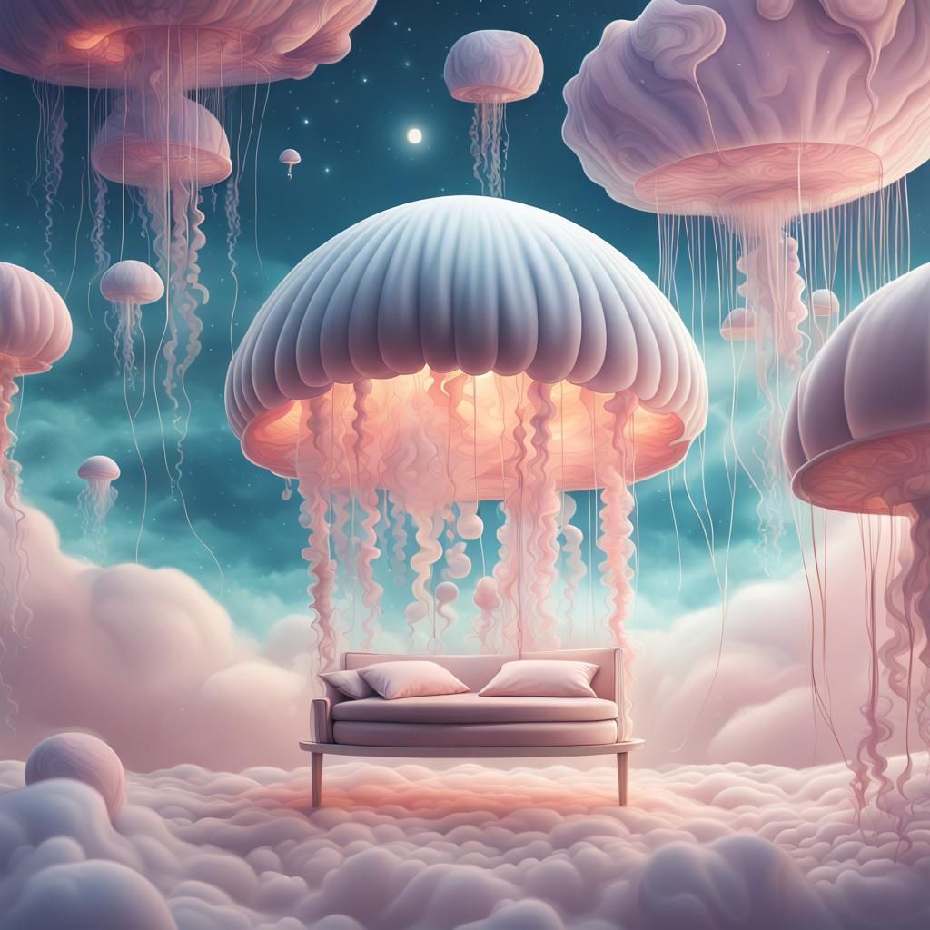 Dreamy Bed in Jellyfish Sky: 3D Product Render