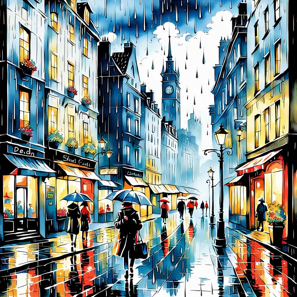 Rainy Cityscape in Decoupage Style