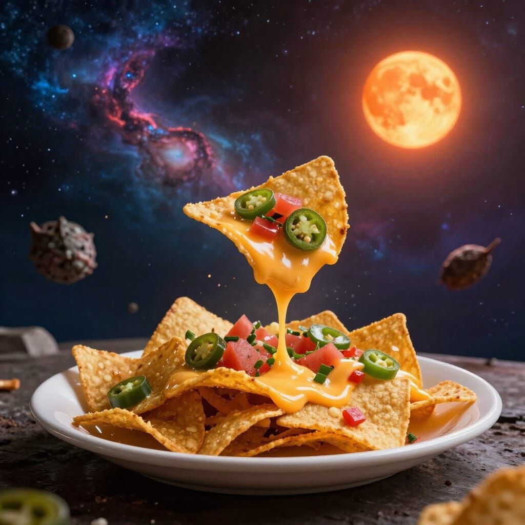 Nachos Floating in Space Amidst Nebulae