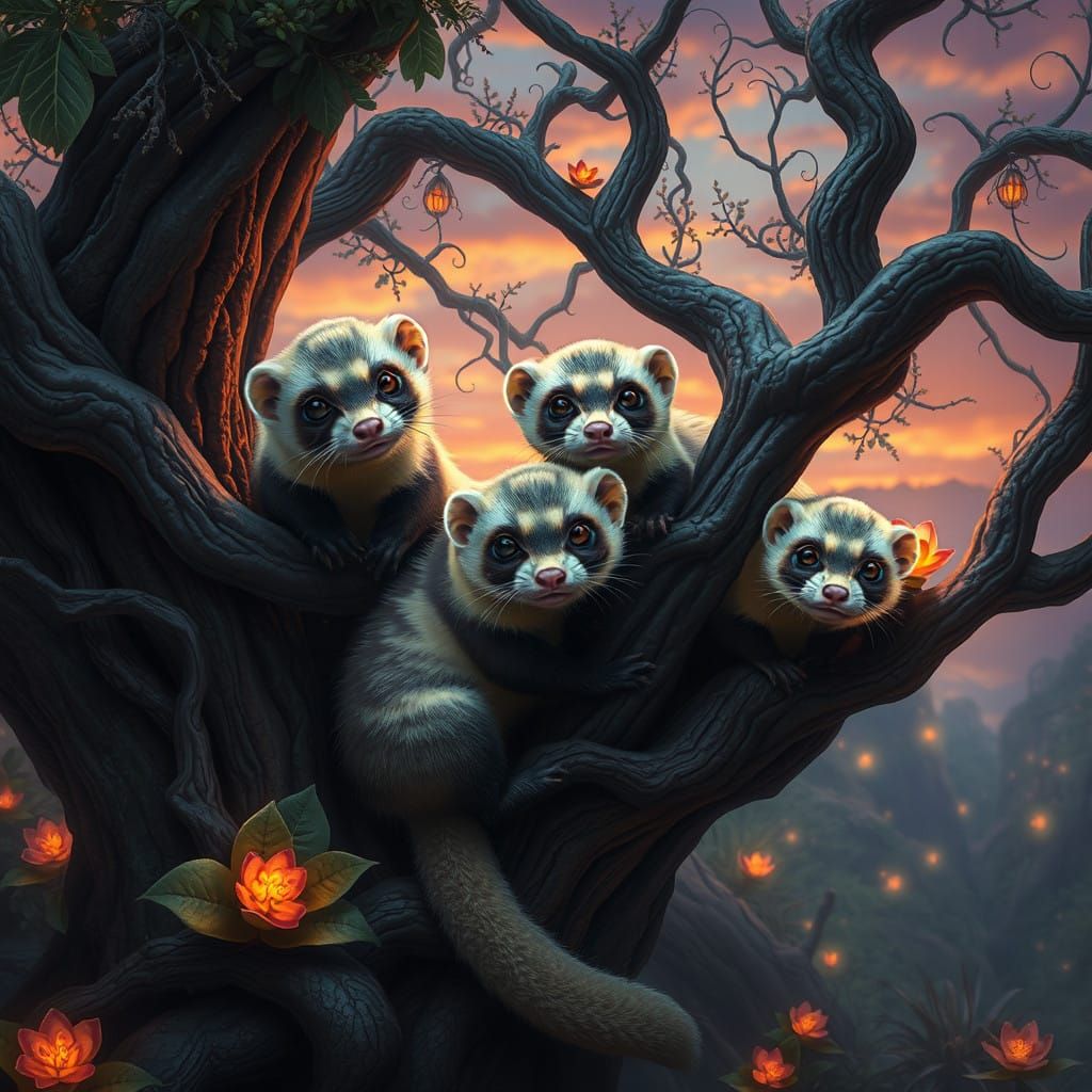 Whimsical Ferret Friends in Enchanted Forest