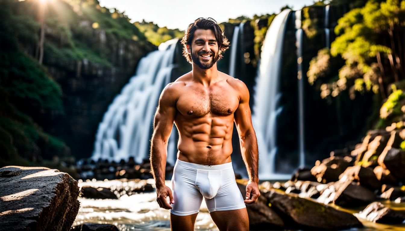 Attractive Man at Monday Waterfall in Paraguay