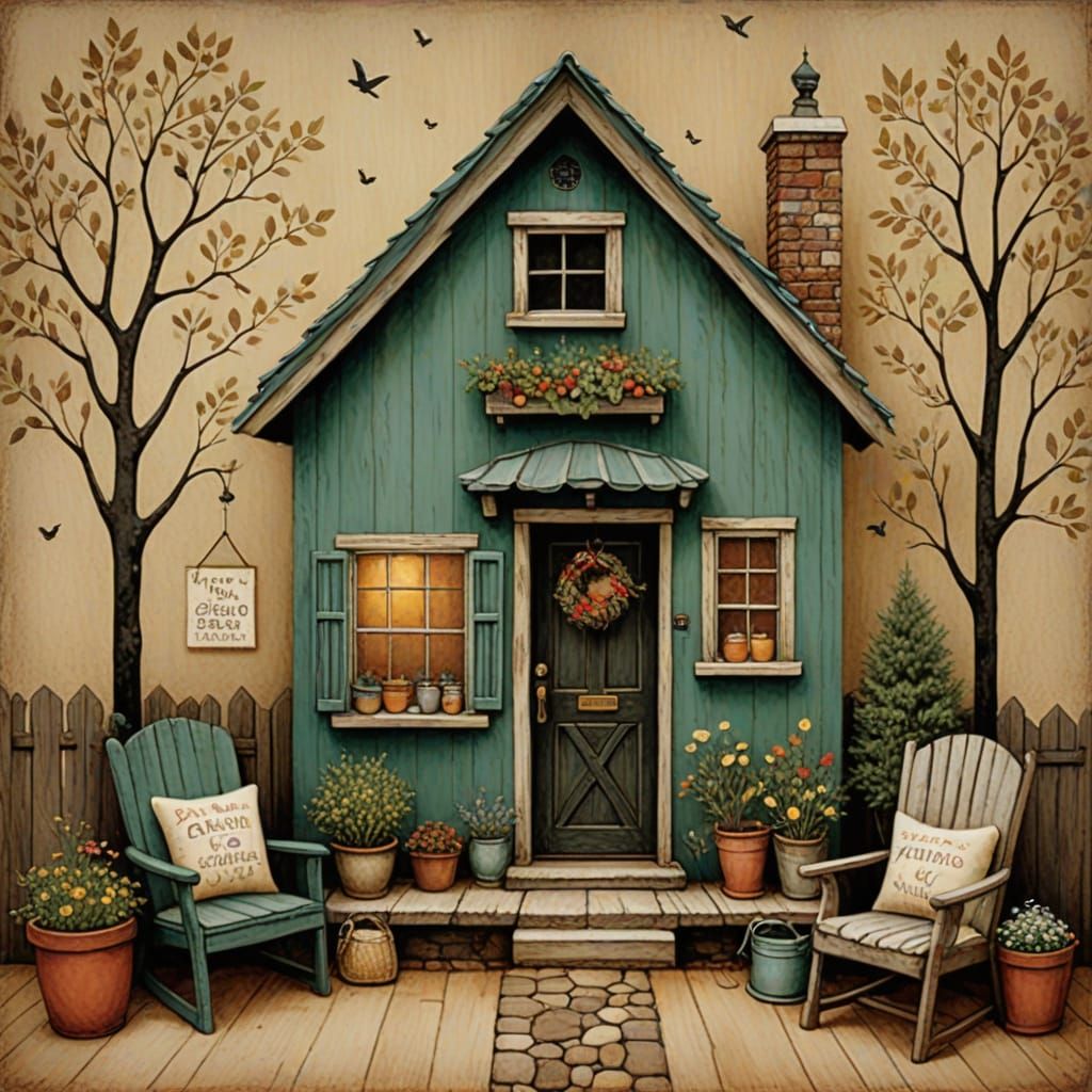 Whimsical Cozy Cottage in Watercolor Style