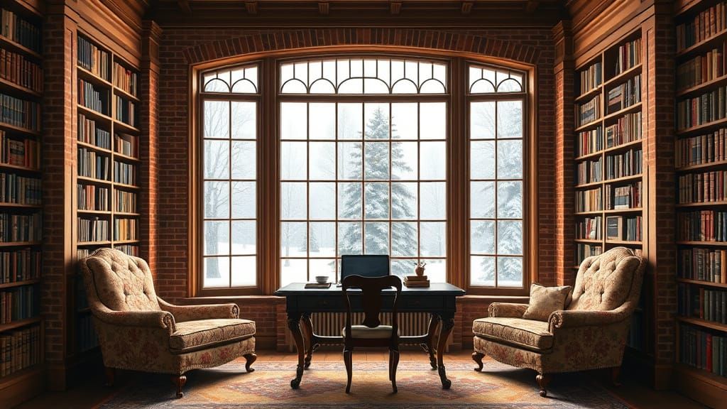 Grand Victorian Library with Snowy Landscape View