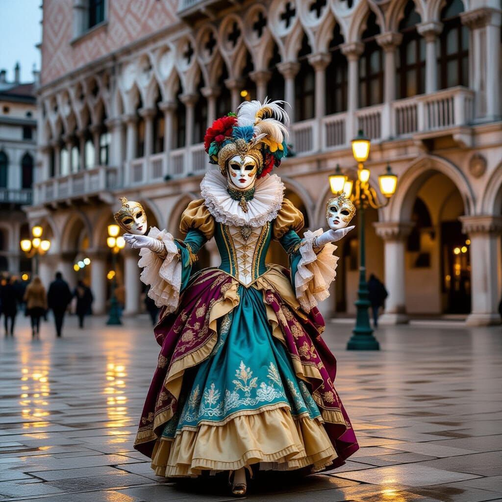 Venetian Carnival Dancer in Ornate Costume and Mask