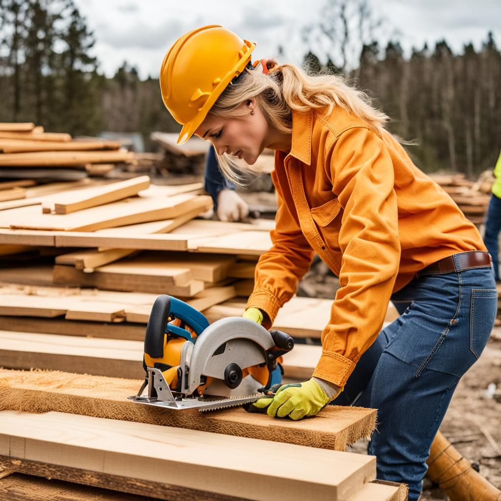 Woman Cutting Wood with Saw on Sawhorse