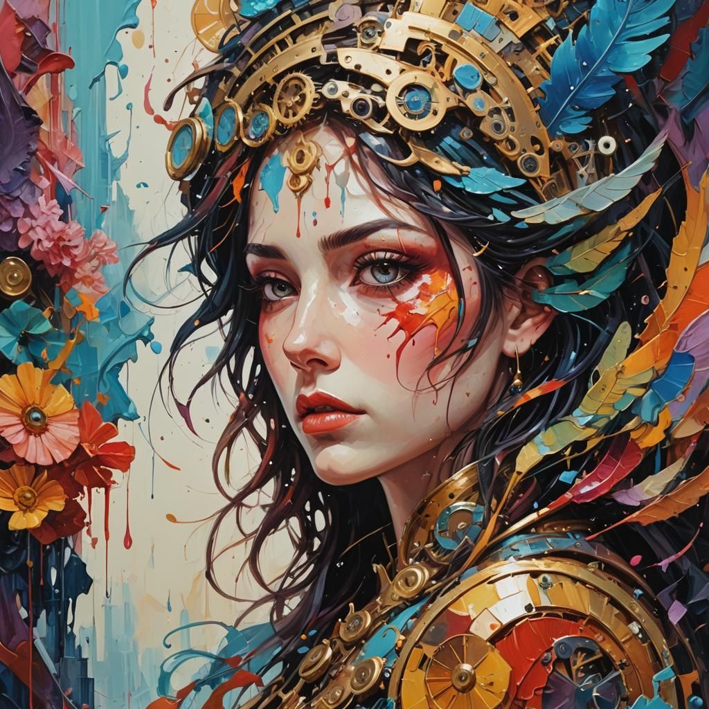 Clockpunk Angel in Impressionistic Glitchcore Style