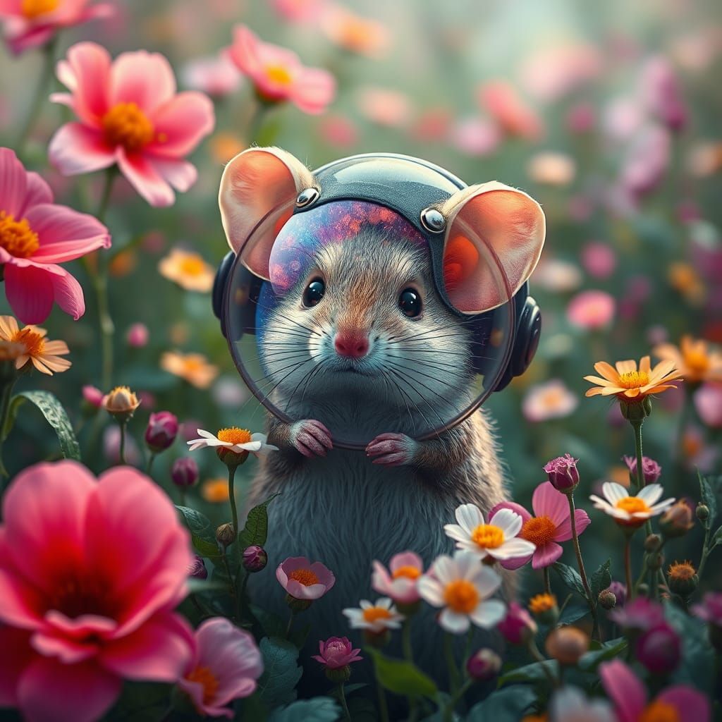Whimsical Mouse in Sci-Fi Garden, Fantasy Concept Art