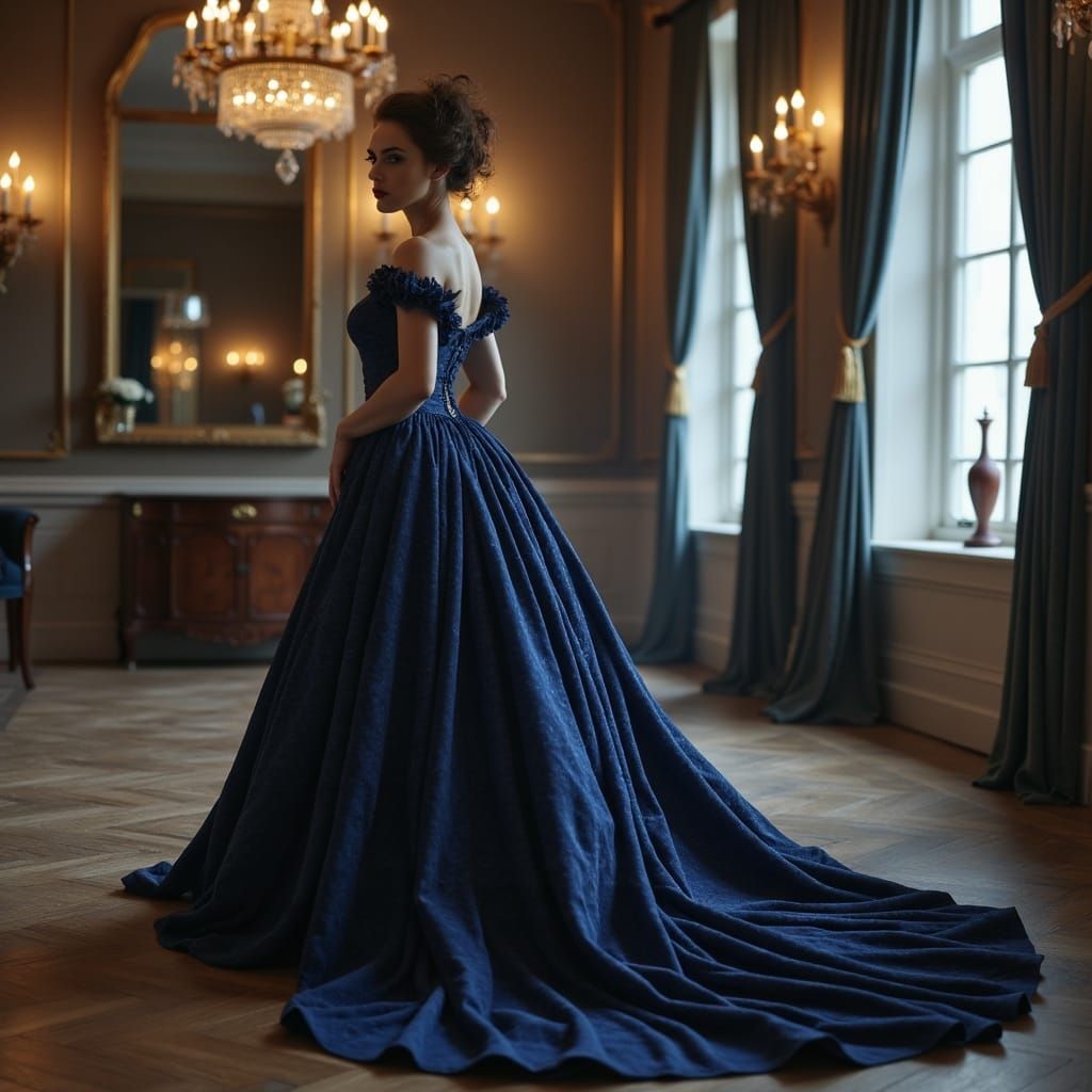 Elegant Victorian Queen in Dark Blue Ball Gown