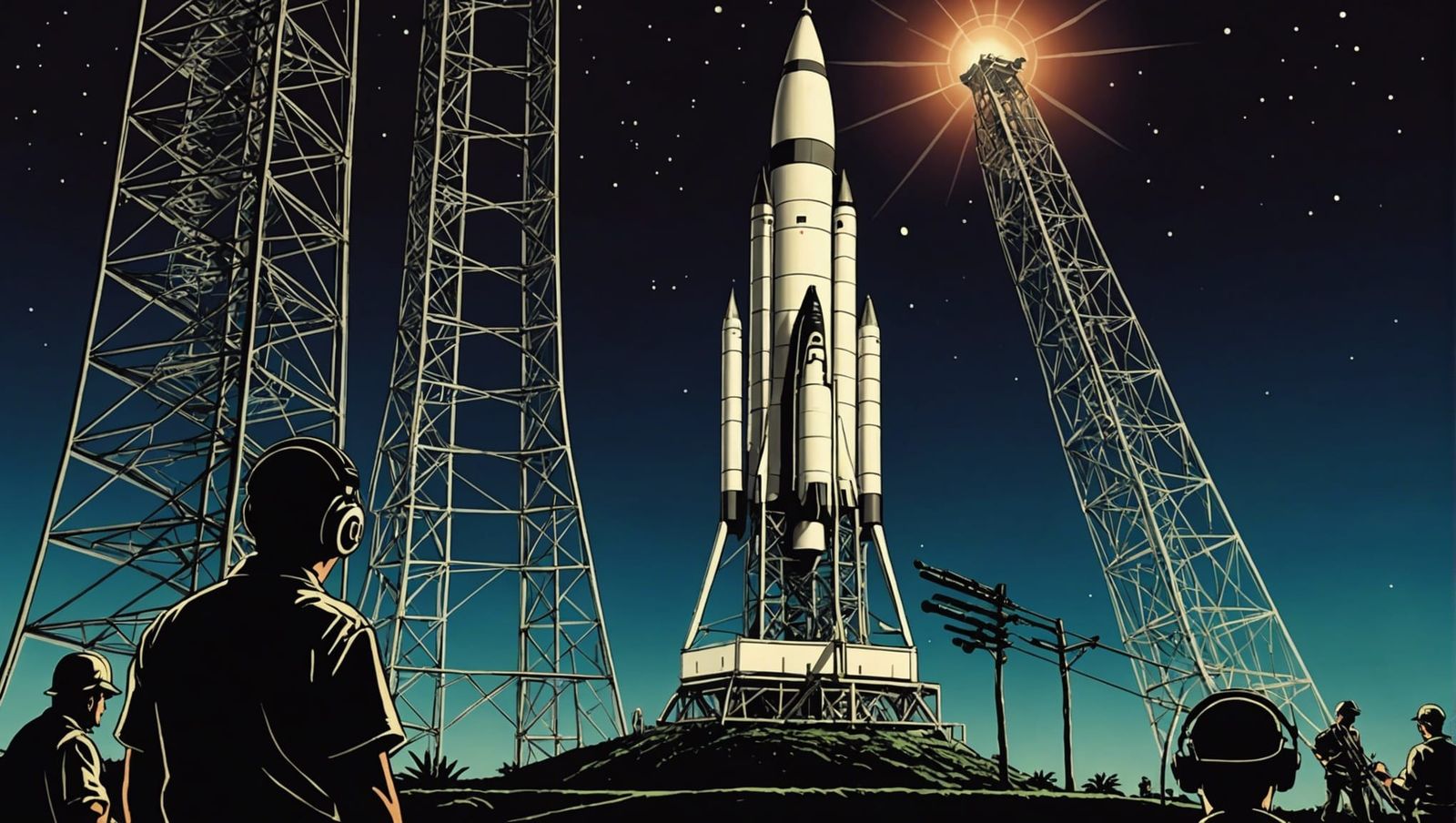 1920s Rocket Ship Launch at Night, Comic Style