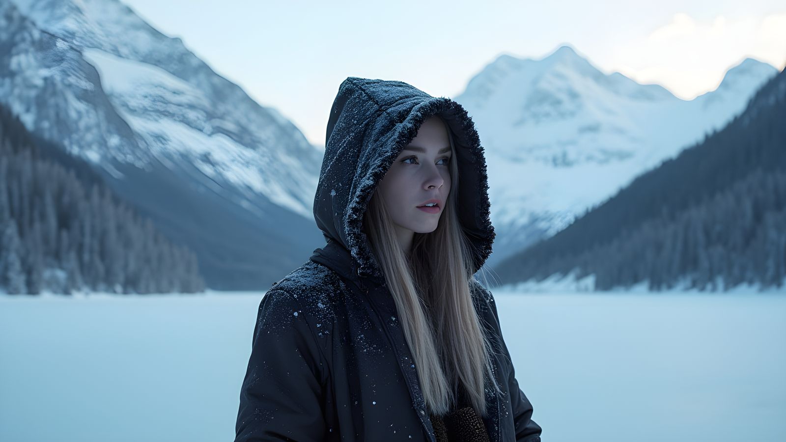 Woman Ice Skating in Snowy Nordic Landscape