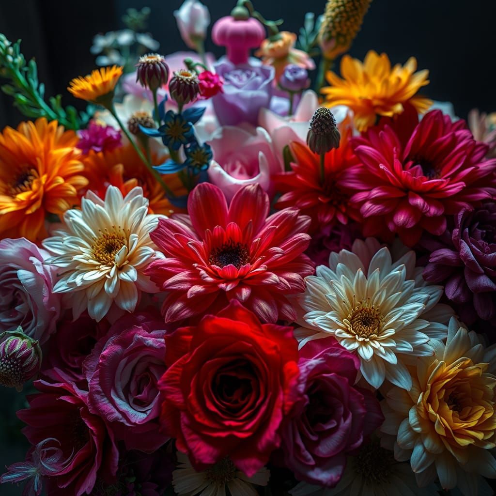 Hyperrealistic Floral Arrangement in Dreamlike Lighting