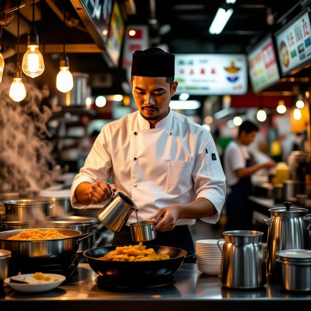 Singaporean Coffee Preparation in Vibrant Hawker Centre