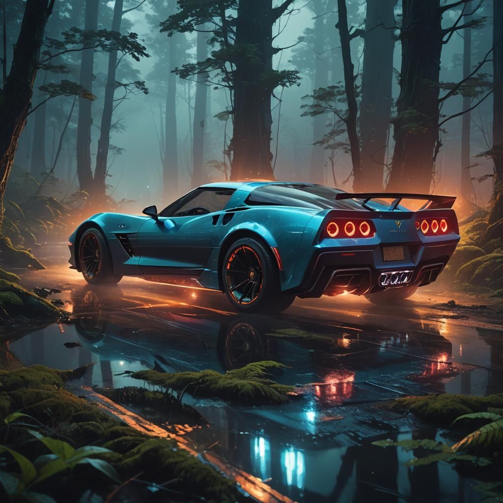 Futuristic Corvette in Mystical Forest, Sci-Fi Fantasy Art