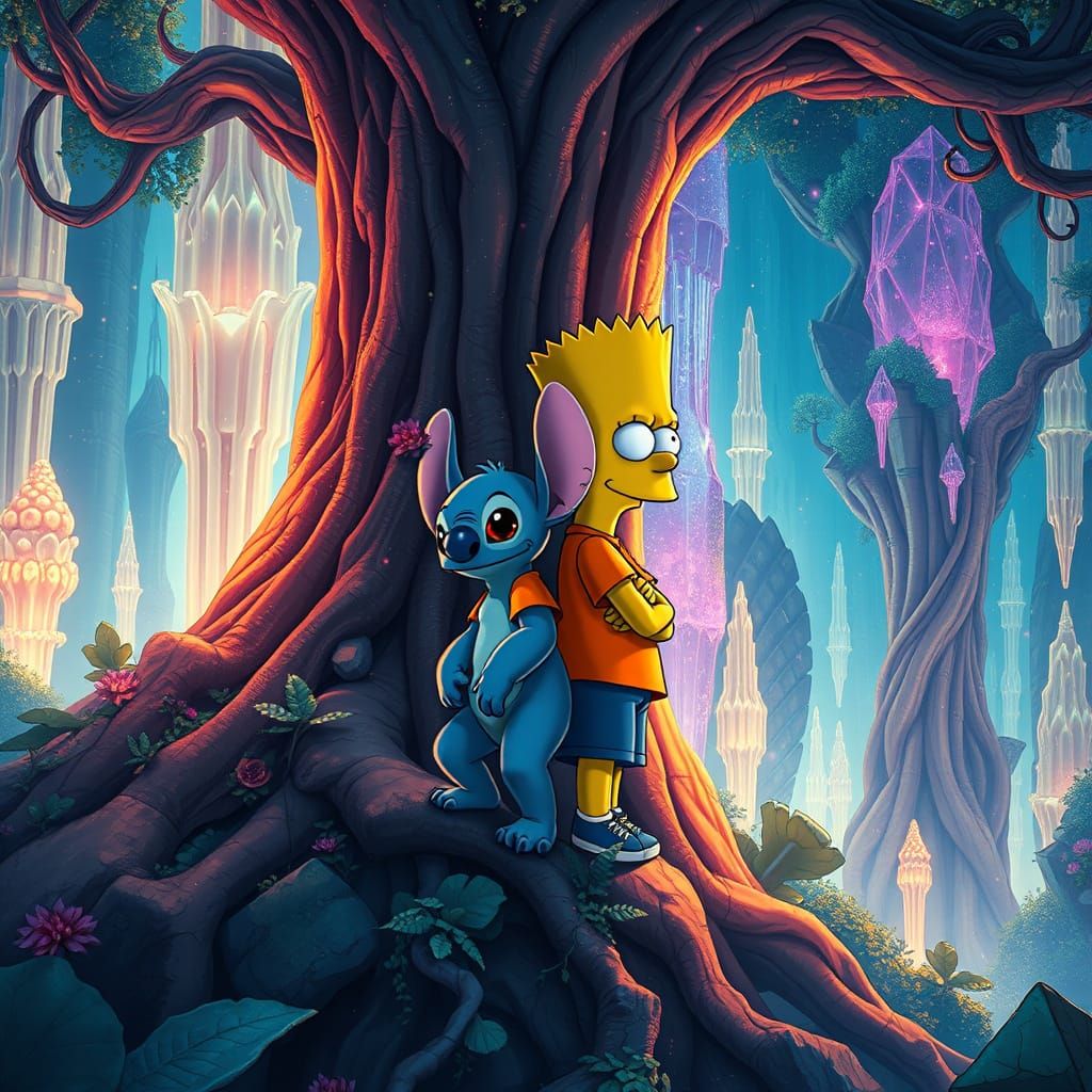 STITCH and Bart Simpson in Vibrant Dreamlike Landscape
