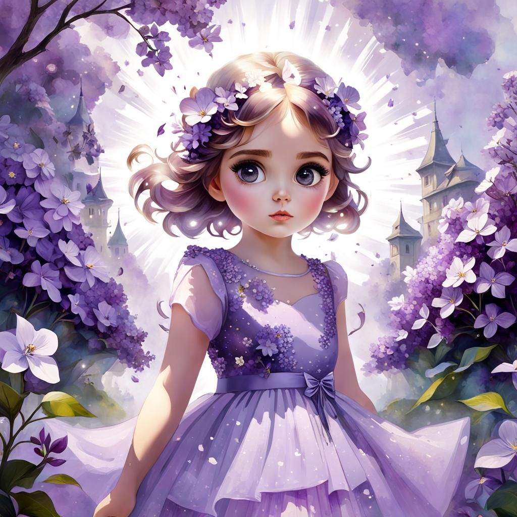 Girl in Lilac Flower Field: Double Exposure Art