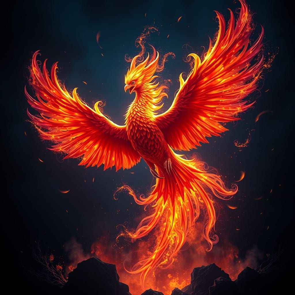 Majestic Phoenix Soars Against Dark Velvety Night Sky in Gol...